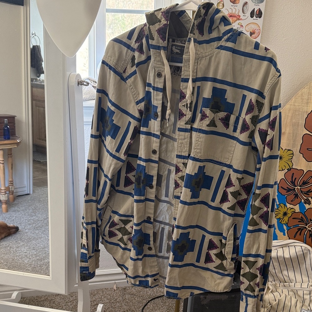 Patterned Hooded Shirt with Blue and Green Accents